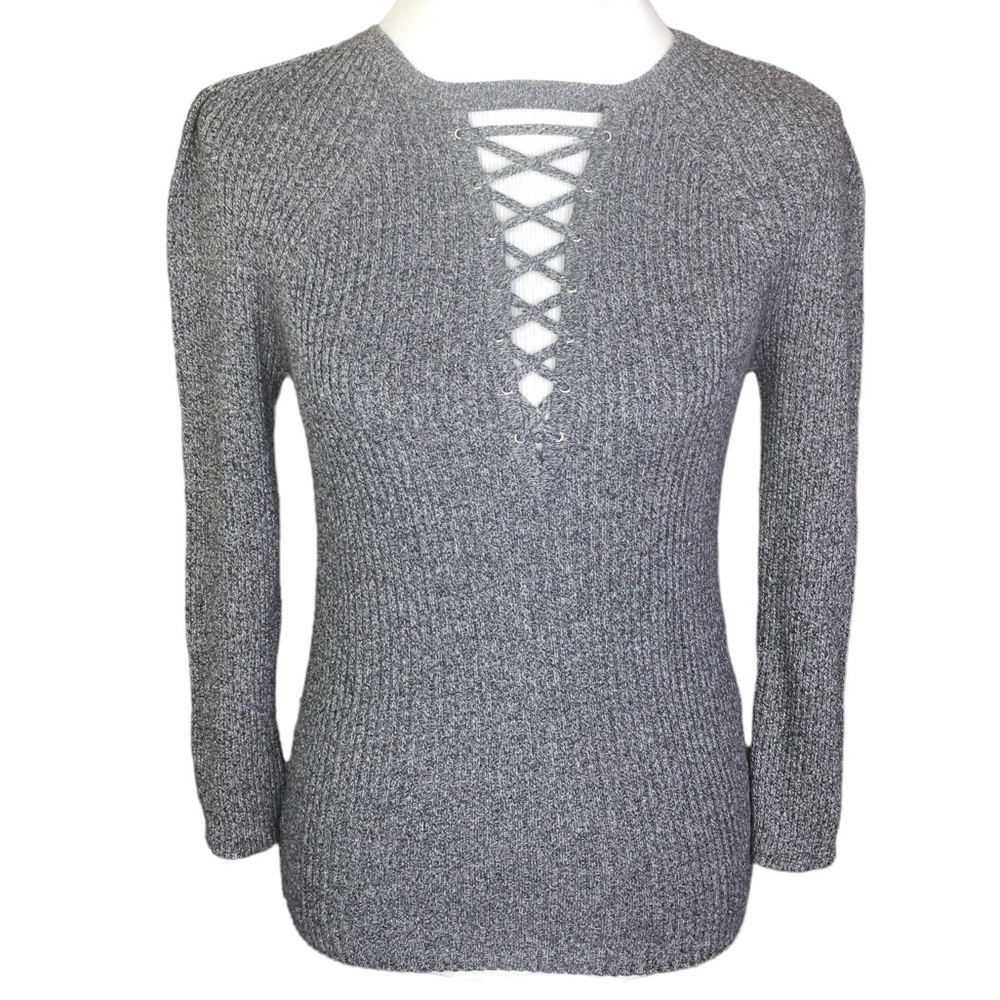 NEW Express Lace Up Sexy 3/4 Stretchy Sweater Marled Size Medium Black White